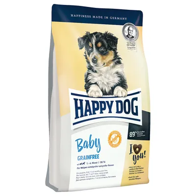 Confezione di crocchette Happy Dog Baby Grainfree, 89% proteine animali, per cuccioli da 1 a 6 mesi, senza cereali. Testo visibile: I love you!, Happiness made in Germany.