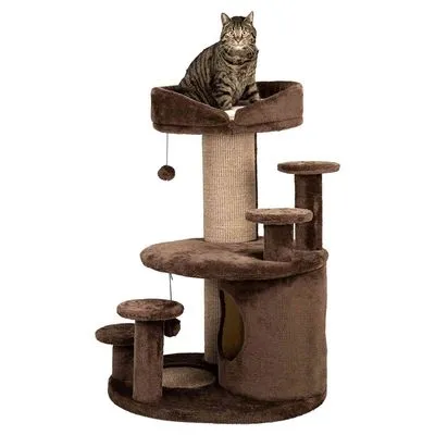 Árvore para gatos castanha com vários patamares, arranhador em sisal, brinquedos pendurados e um gato tigrado sentado no topo.