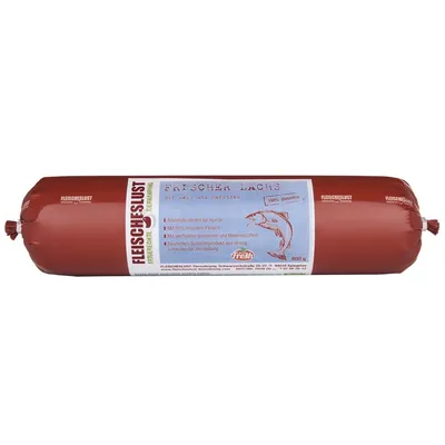Fleischeslust tube with label showing 'Frischer Lachs', 800g, 100% glutenfrei, and illustration of a fish. Visible German text includes fresh meat content and vitamin information.