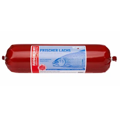 Fleischeslust Frischer Lachs pølseformet emballage, tekst: MEATLOVE, mit spirulina und kora, reich an natürlichem Vitamin B und E, 90 % Fisch und Fleisch, 0 % Getreide & Gluten. Fleischeslust Frischer Lachs pølseformet emballage, tekst: MEATLOVE, mit spirulina und kora, reich an natürlichem Vitamin B und E, 90 % Fisch und Fleisch, 0 % Getreide & Gluten.