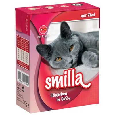 Caja de comida para gatos Smilla Häppchen in Soße, con texto visible 'mit Taurin', 'mit Rind', peso 370 g y tabla de raciones diarias en alemán.