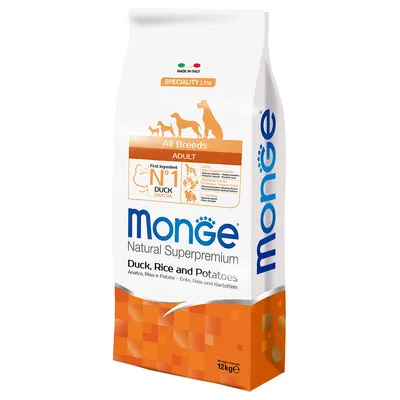 Monge Natural Superpremium Adult All Breeds, pato, arroz y patatas. Fabricado en Italia. Ingrediente principal: pato nº 1. Línea especial para perros adultos. Tamaño: 12kg.