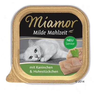 Miamor Milde Mahlzeit, NEU Senior, mit Kaninchen & Huhnstückchen. Billede af kat og kød på emballagen.