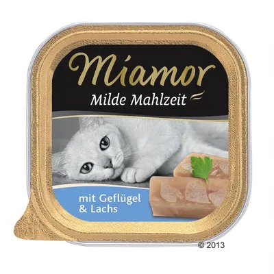 Miamor Milde Mahlzeit, mit Geflügel & Lachs. Billede af foderstykker med persille på emballagen.