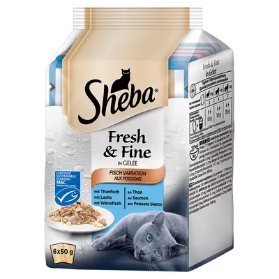 Sheba Fresh & Fine en gelée, variation aux poissons : thon, saumon, poissons blancs. 6 x 50 g. Tableau d’alimentation visible sur le côté. Certifié MSC pêche durable.