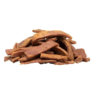 Snack per pet a forma di strisce marroni, senza confezione visibile né marchio identificabile.