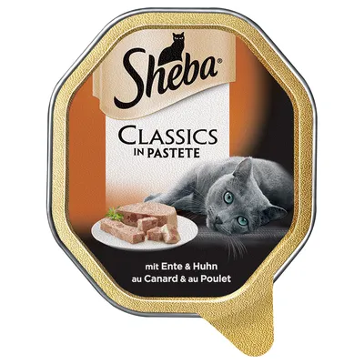 Sheba Classics in Pastete, mit Ente & Huhn. Billede af kat og tallerken med paté på emballagen.
