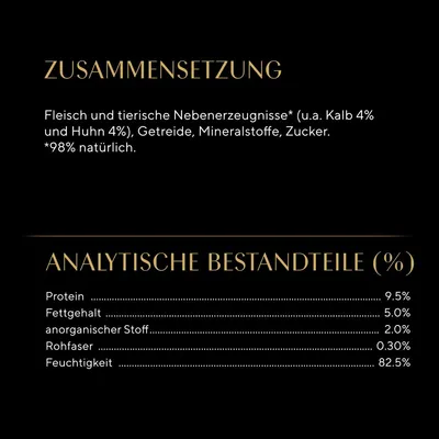 Zusammensetzung: Fleisch und tierische Nebenerzeugnisse (Kalb 4%, Huhn 4%), Getreide, Mineralstoffe, Zucker. 98% natürlich. Analytische Bestandteile: Protein 9.5%, Fettgehalt 5%, Feuchtigkeit 82.5%.