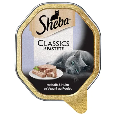 Sheba Classics in Pastete, mit Kalb & Huhn. Billede af kat og tallerken med paté på emballagen.