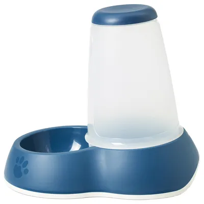Distributore automatico per animali in plastica blu e trasparente, con ciotola integrata e serbatoio verticale. Zampa stilizzata visibile sul lato della base.
