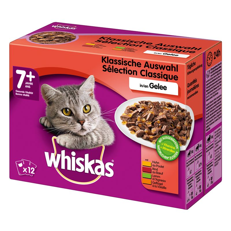 Whiskas Klassische Auswahl in Gelee, τροφή γάτας 7+ ετών, συσκευασία με 12 φακελάκια. Ορατή γάτα, πιάτο με τροφή και πληροφορίες για ποικιλία κρεάτων και βιταμίνες.