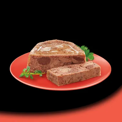 Sliced block of wet pet food with visible herbs on a red plate, shown in cross-section to display texture. No brand or text visible.
