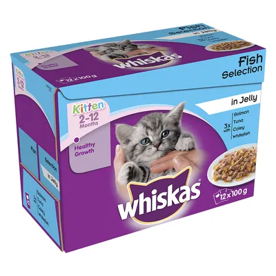Whiskas Kitten 2–12 Months Fish Selection in Jelly, 12×100 g. Okusi: losos, tuna, coley, bijela riba. Healthy Growth. Slika mačića na pakiranju.