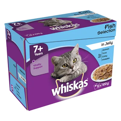 Pachet Whiskas Fish Selection in Jelly pentru pisici 7+ ani, 12 x 100 g. Conține somon, ton, coley, whitefish. Text vizibil: Vitality Support, 3x cu fiecare sortiment.