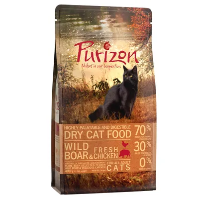 Purizon Dry Cat Food, Wild Boar & Fresh Chicken, 400 g. 70 % eläinperäisiä ainesosia, 30 % hedelmiä ja yrttejä, 0 % viljaa. Musta kissa pakkauksessa näkyvissä.
