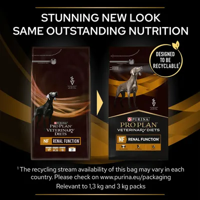 Image shows new and old packaging for Pro Plan Veterinary Diets NF Renal Function, highlighting a new recyclable design. Text: 'Stunning new look, same outstanding nutrition.'