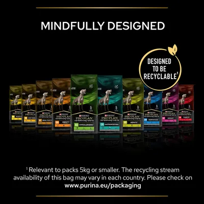 Range of veterinary diet pet food bags with text stating 'Mindfully Designed' and 'Designed to be recyclable'. Recycling applies to packs 5kg or smaller. See purina.eu/packaging for details.