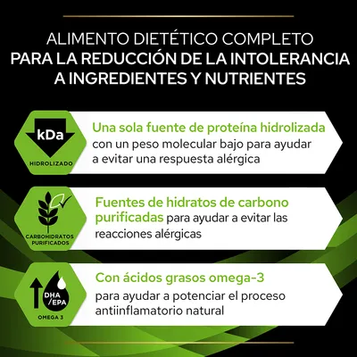 Alimento dietético completo para la reducción de la intolerancia a ingredientes y nutrientes. Proteína hidrolizada, carbohidratos purificados y ácidos grasos omega-3. Texto en español.
