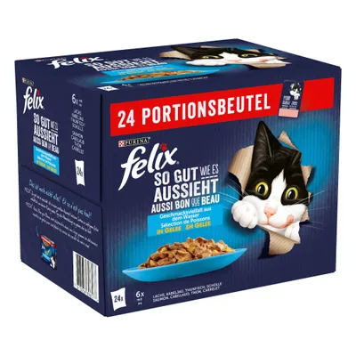 Boîte de 24 sachets Felix So gut wie es aussieht Aussi bon que beau, sélection de poissons en gelée. Texte principal en allemand et français. Marque Purina visible.