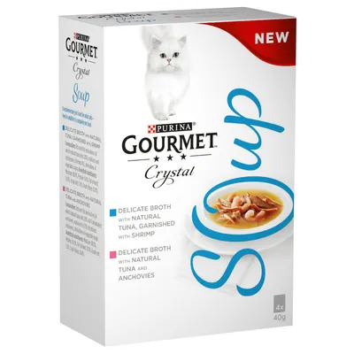 Purina Gourmet Crystal Soup, caldo suave con atún natural, decorado con gambas o anchoas. Paquete de 4x40g. Nuevo.