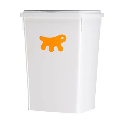 Hvid foderbeholder med orange hundesymbol på forsiden.