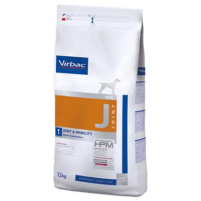 Sac de croquettes Virbac Veterinary HPM Joint & Mobility J1 pour chien, 12 kg. Texte visible : Weight Management, DOG ALL SIZES, VETERINARY GLOBAL CARE.