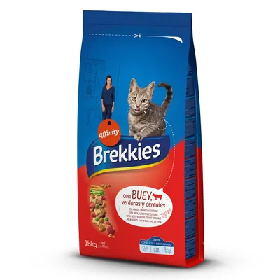 Sac de croquettes pour chat Affinity Brekkies, con BUEY, verduras y cereales, 15 kg. Texte en espagnol visible sur l’emballage, image d’un chat et croquettes illustrées.