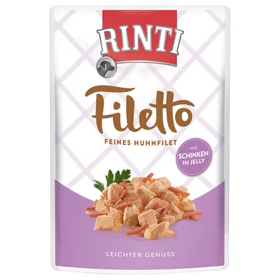 Rinti Filetto Feines Huhnfilet mit Schinken in Jelly, Leichter Genuss. Immagine della confezione con pezzi di pollo e prosciutto in gelatina visibili.