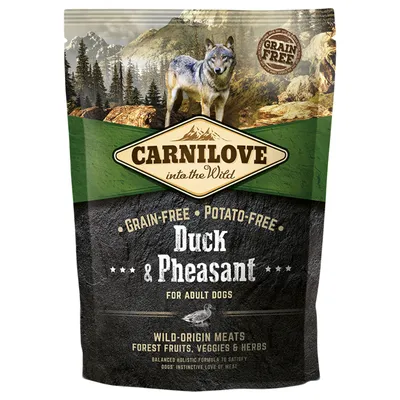 Confezione Carnilove into the Wild Duck & Pheasant per cani adulti, Grain-Free, Potato-Free. Testo visibile: Wild-Origin Meats, Forest Fruits, Veggies & Herbs. Marchio Carnilove ben visibile.