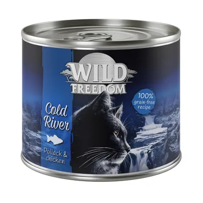 Wild Freedom Cold River, pollack & chicken, 100% grain-free recipe. Cat food can with image of a cat and river landscape.