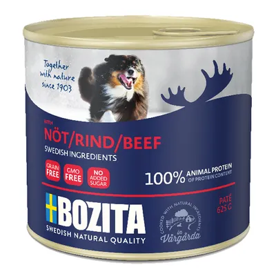 Bozita Paté au bœuf, ingrédients suédois, 100 % protéines animales, 625g. Sans céréales, sans OGM, sans sucre ajouté.