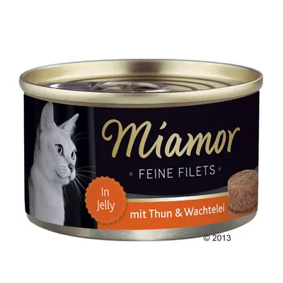 Miamor Feine Filets In Jelly mit Thun & Wachtelei, boîte pour chat avec image de chat et filet visible sur l’étiquette. Texte en allemand.