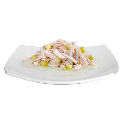 Primo piano di carne di pollo tritata con piccoli pezzi di verdura verde su un piatto bianco, servita in una salsa leggera.