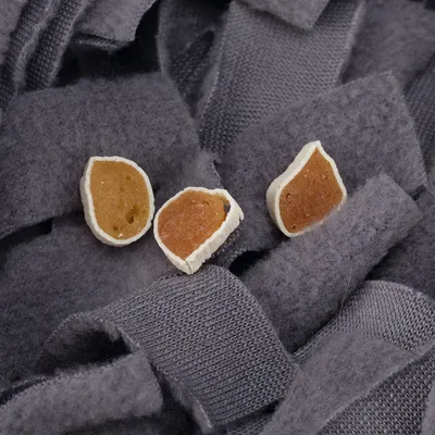 Drie halve, bruine snacks met witte rand op grijze fleece mat, detailopname van de structuur en textuur van zowel de snacks als de mat zichtbaar.