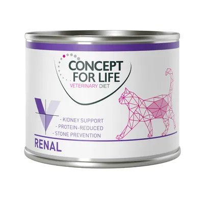 Concept for Life Veterinary Diet Renal. Supporta i reni, a basso contenuto proteico, previene i calcoli. Lattina con immagine geometrica viola di gatto.