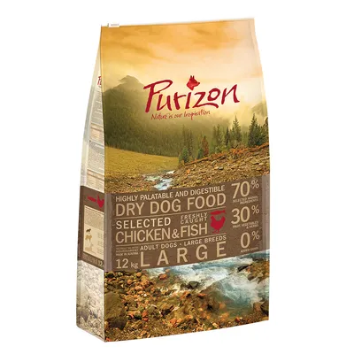 Purizon torrfoder för hundar, 12 kg, stora raser, 70 % animaliska ingredienser, färskfångad kyckling och fisk, 30 % grönsaker och frukt, 0 % spannmål. Made in Austria.