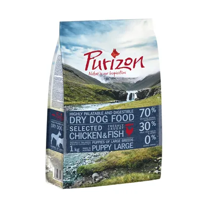Purizon Dry Dog Food Puppy Large, 1 kg, 70% selected animal ingredients, 30% fruit, vegetables & herbs, 0% added grain, selected chicken & fish. Angol nyelvű feliratok a csomagoláson.