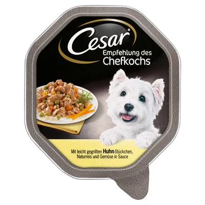 Cesar Empfehlung des Chefkochs. Mit leicht gegrillten Huhn-Stückchen, Naturreis und Gemüse in Sauce.