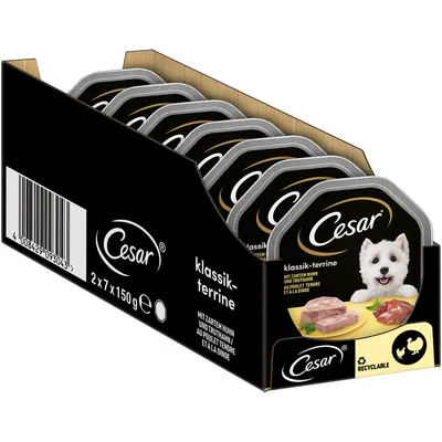 Cesar klassik-terrine 2×7×150g, visible text: mit zartem huhn und truthahn, au poulet tendre et à la dinde. Recyclable symbol and chicken icons on packaging.