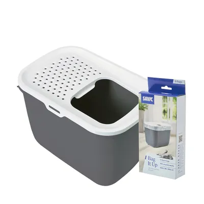 Savic caja de arena para gatos con tapa blanca y recipiente gris, incluye paquete 'Bag It Up' con 6 bolsas de plástico reciclado. Medidas: 58,5 x 39 x 39,5 cm.