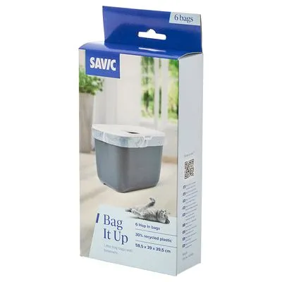 SAVIC Bag It Up, 6 Hop In bags, 30% gerecycled plastic, 58,5 x 39 x 39,5 cm. Verpakking toont kattenbak met zak en liggende kat. Tekst in het Engels zichtbaar op de doos.