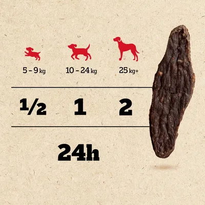 Feeding guide: 5–9 kg ½ piece, 10–24 kg 1 piece, 25 kg+ 2 pieces per 24 hours. Image shows treat beside table.