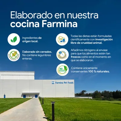 Farmina Pet Foods: ingredientes de cultivo local, sin cereales y con legumbres enteras, desarrollados científicamente sin pruebas en animales, solo conservantes 100% naturales. Farmina Pet Foods: ingredientes de cultivo local, sin cereales y con legumbres enteras, desarrollados científicamente sin pruebas en animales, solo conservantes 100% naturales.