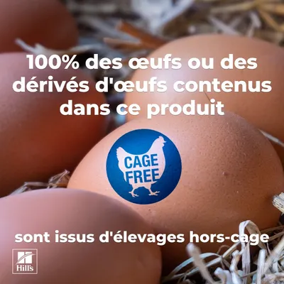 100 % des œufs ou des dérivés d'œufs contenus dans ce produit proviennent d'élevages hors cage. Cage Free. 100 % des œufs ou des dérivés d'œufs contenus dans ce produit proviennent d'élevages hors cage. Cage Free.