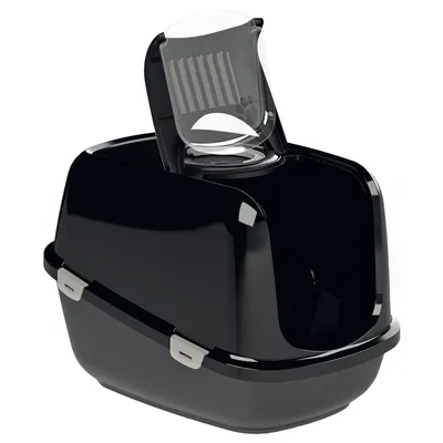 Caja de arena negra para gatos con tapa desmontable y puerta transparente con diseño de huellas.
