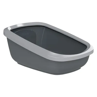 Graue Katzen-Toilette mit weissem Rand, rechteckige Form, leicht erhöhtes Design für einfache Nutzung.