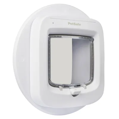 PetSafe cat flap in white with transparent door area, suitable for wall installation.