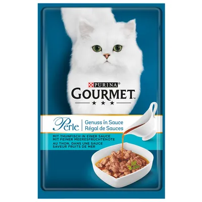 Purina Gourmet Perle Régal de Sauces au thon dans une sauce saveur fruits de mer, image d’un chat blanc et d’un bol de nourriture en sauce. Texte en français et allemand visible.