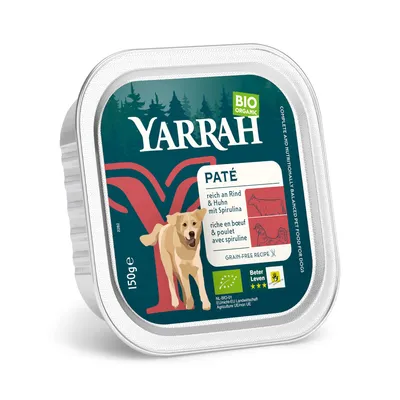 Yarrah BIO ORGANIC pâté riche en bœuf et poulet avec spiruline, 150 g. Recette sans céréales. Labels Beter Leven et agriculture UE/non UE visibles sur l’emballage.