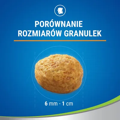 Porównanie rozmiarów granulek; widoczna pojedyncza granulka o wielkości 6 mm – 1 cm